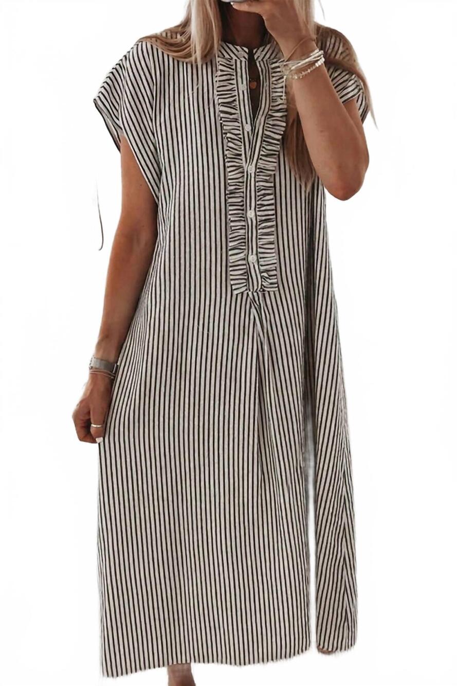 NEW LOVESOFT frilled detail half buttons short sleeve long dress in black stripe